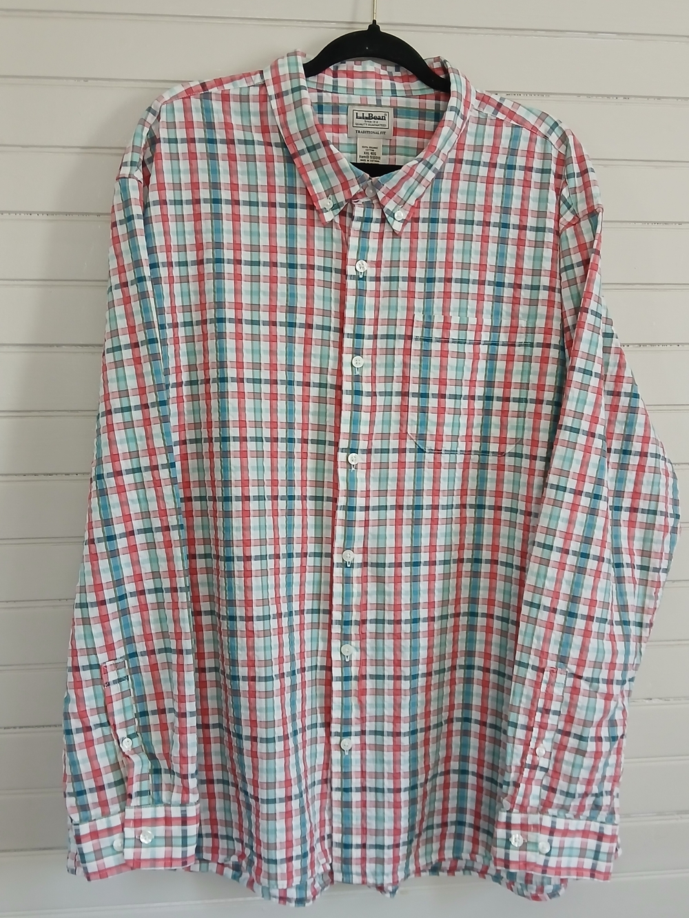 L.L. Bean XXL Organic Cotton Plaid Button-Down Shirt in Red & Teal  Seersucker